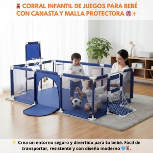 CORRAL INFANTIL DE JUEGOS PARA BEBÉ CON CANASTA Y MALLA PROTECTORA